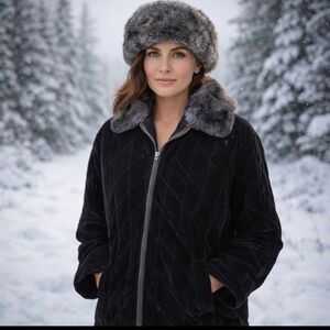 Quilted black velvet with faux fur collar zip front Warm Minimalist jacket sz L